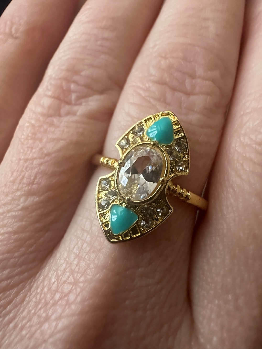 Gold-Tone Turquoise Enamel Accented Crystal Ring Costume Jewelry